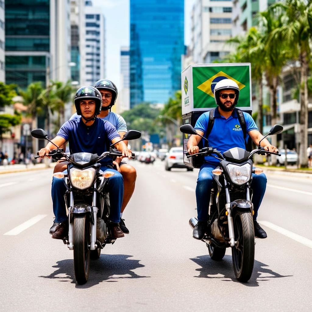 Moto-táxi conduzindo passageiro e moto-delivery